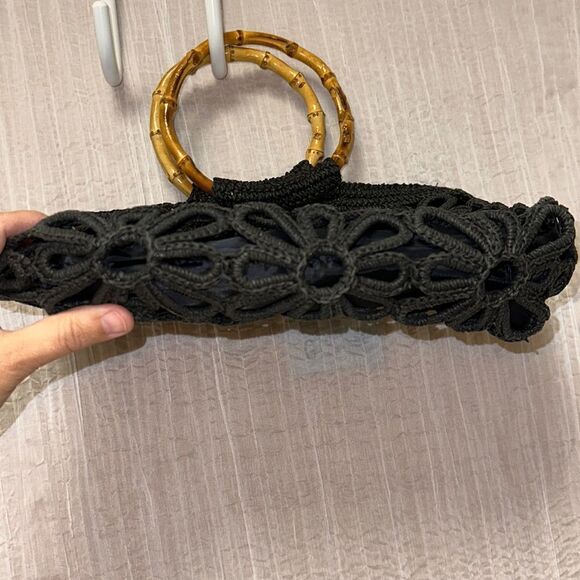 Stunning Black High Quality Macrame Floral Bamboo Handles Bag Purse - Picture 4 of 9